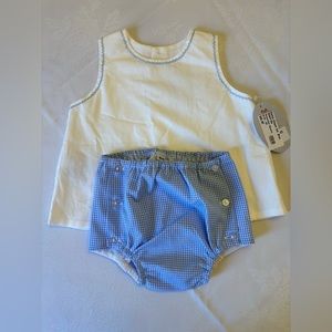 Adorable two piece baby boy summer outfit. Button detail on back and bloomers.